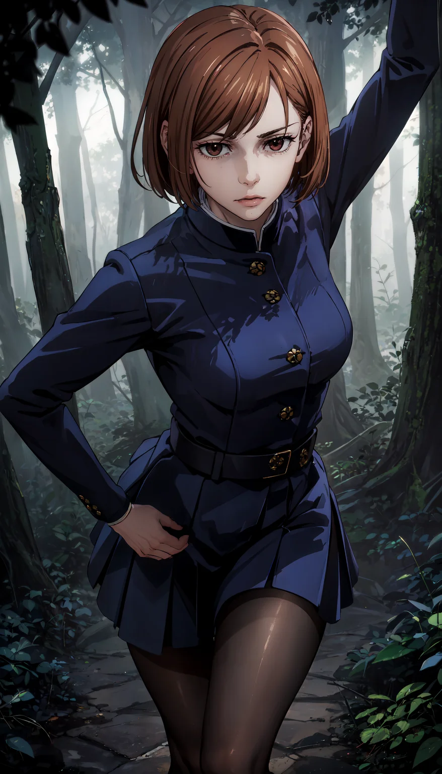 photorealistic, (4k), depth of field, (Masterpiece), (realistic skin texture), extremely detailed, intricate, hyper detailed, professional photography, bokeh, high resolution, sharp detail, best quality, girl, short hair, brown hair, brown eyes, blue jacket, overhanging shirt, long sleeves, blue skirt, pantyhose, <lora:GoodHands-beta2:0.5> , <lora:detail_slider_v4:0.8> , dynamic pose, (hands folded), <lora:Nobara Kugisaki:0.8> , dark forest, mist, fog, demonic forest, night,
