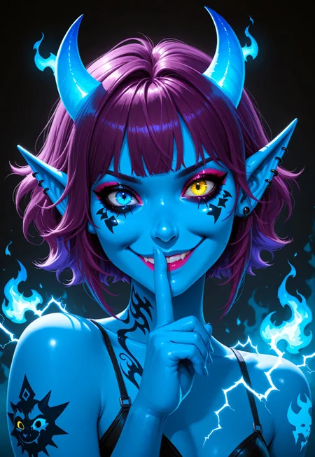 masterpiece, best quality, very aesthetic, absurdres, VD1F4NT4, 1girl, horns, solo, shushing, short hair, looking at viewer, finger to mouth, heterochromia, blue fire, index finger raised, yellow eyes, blue horns, blue eyes, smile, purple hair, piercing, bangs, electricity, makeup, tattoo, portrait, ear piercing, pointy ears, colored skin