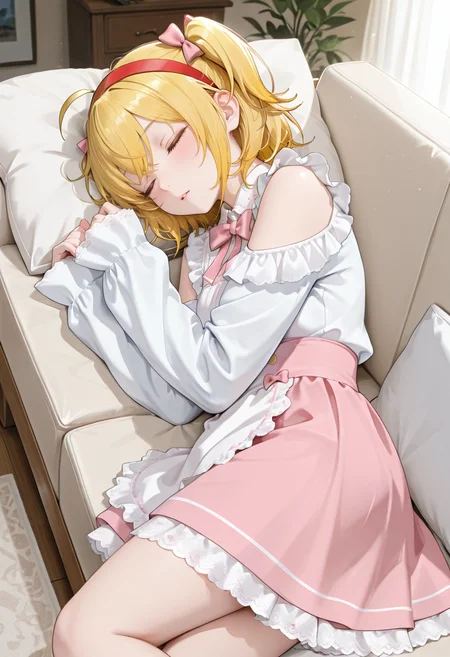 unholy-aesthetic, lazypos, very aesthetic, ultra detailed face, ultra detailed eyes,
<lora:kaelaIL:0.55> kaelaIL, medium hair, (yellow hair:1.5), short twintail, slight blush, red headband, ahoge,
dynamic angle, cinematic angle,
1girl, solo,
living room, sleeping on couch, sleeping, pillow, lying on side,
<lora:LovelyCatMaidILL:0.65> (pink skirt, maid dress, long sleeves, pink bow, apron, lace trim, hair bow, sleeves past wrists:1.2)