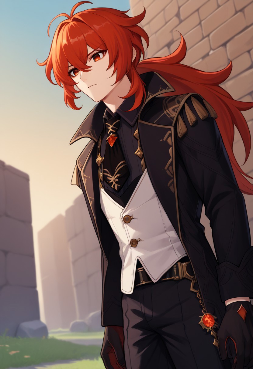 score_9, score_7_up, source_anime 
diluc, 1boy, male focus, solo, red eyes, red hair, long hair, ponytail, bangs, hair between eyes, antenna hair, shirt, black shirt, collared shirt, necktie, black necktie, vest, white vest, coat, black coat, long sleeves, gloves, black gloves, belt, vision (genshin impact), pants, black pants, boots, black footwear,
outdoor, sky,