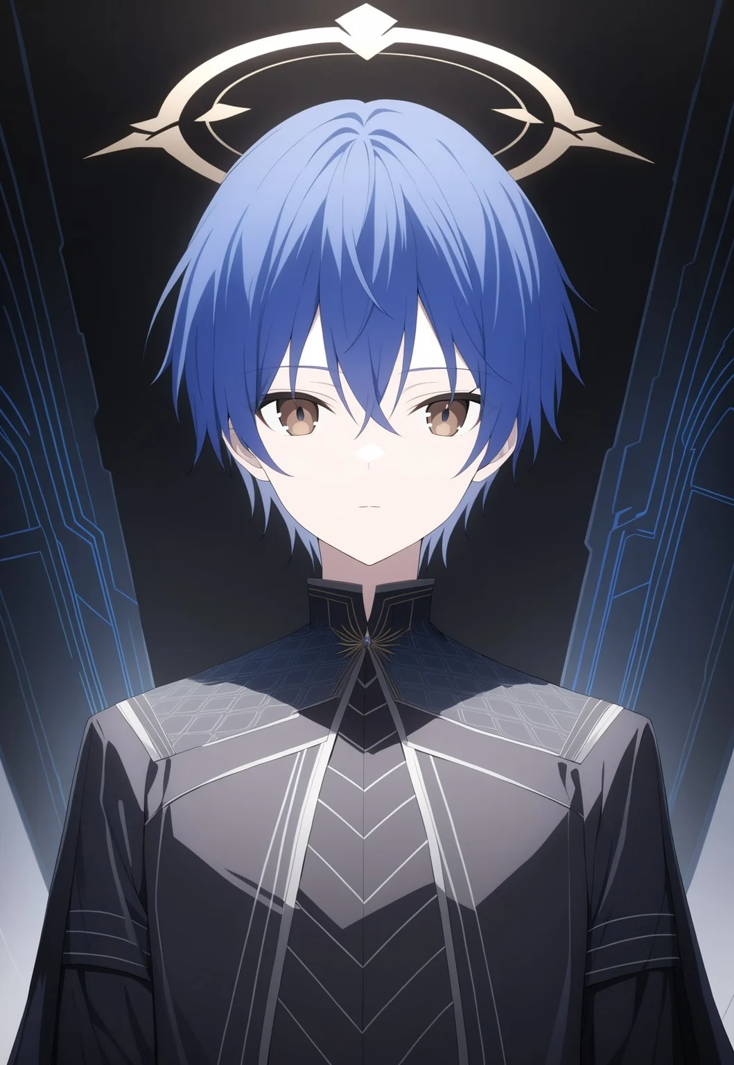 A highly detailed half-body portrait of an anime-style boy with striking blue hair and deep brown eyes. Halo,. He wears an emperor's big crown adorned with dark, intricate designs that convey power and mystery. His clothing is imperial, with elaborate patterns and dark tones, combining traditional royal elements with futuristic, sci-fi influences. The fabric shimmers with advanced technological patterns woven into the material, giving it a modern, almost otherworldly feel. The boy stands in a grand royal court, the background filled with a blend of classical architecture and cutting-edge technology. Dark shadows and subtle lighting highlight his features, creating a mysterious and intense atmosphere. The boy gazes directly at the viewer, his expression calm yet commanding, exuding an aura of authority and elegance. The entire scene is rendered with meticulous detail, showcasing the complex interplay between traditional royal aesthetics and modern sci-fi elements.
This prompt should provide the depth and detail needed to achieve a highly complex and visually stunning image.