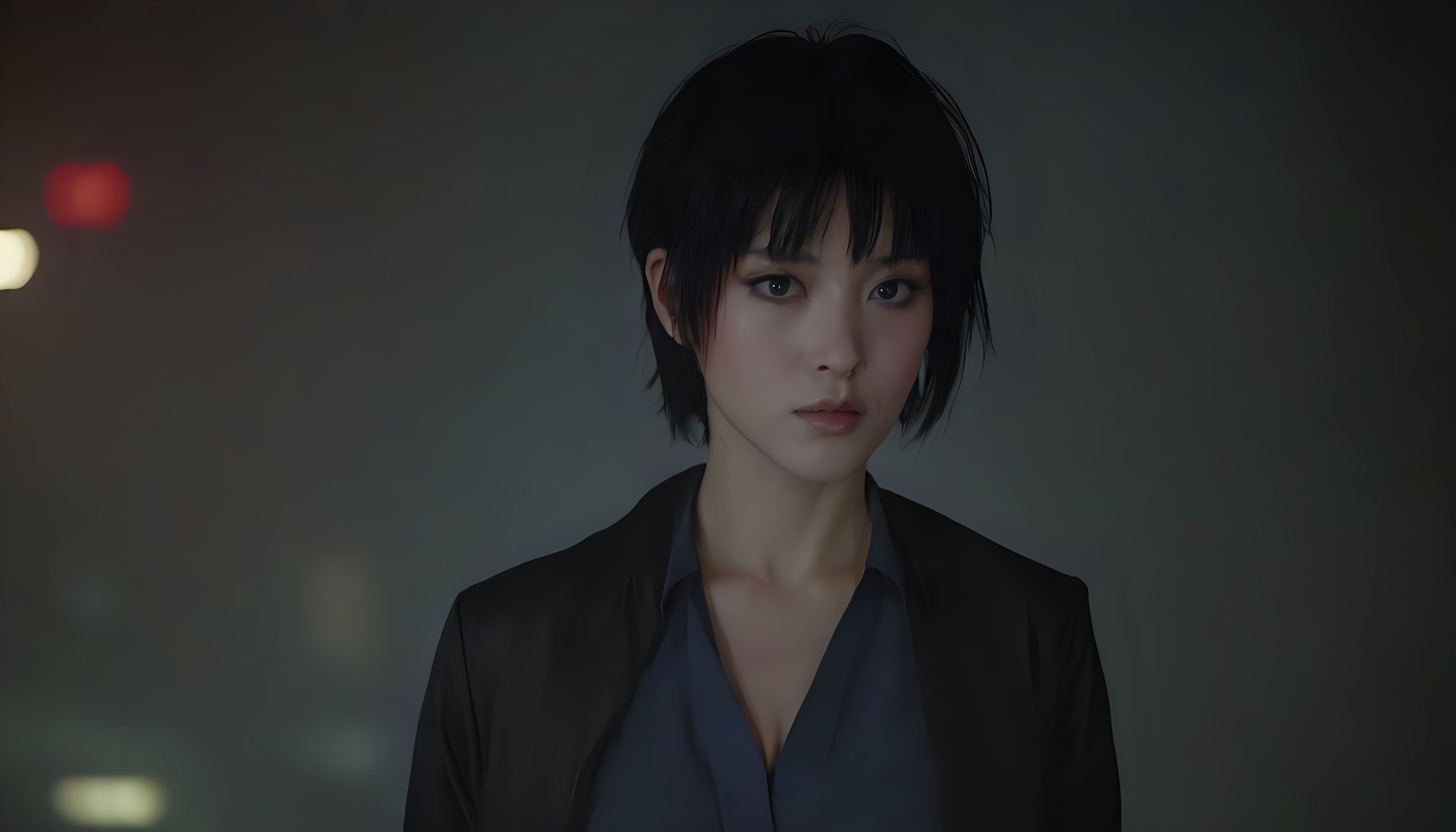 Motoko Kusanagi in Blade Runner 1982, neo noir, cyberpunk, cinema still medium shot 8k, wearing school uniform