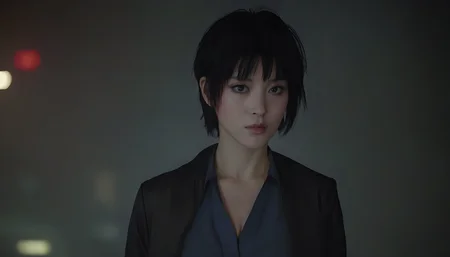 Motoko Kusanagi in Blade Runner 1982, neo noir, cyberpunk, cinema still medium shot 8k, wearing school uniform