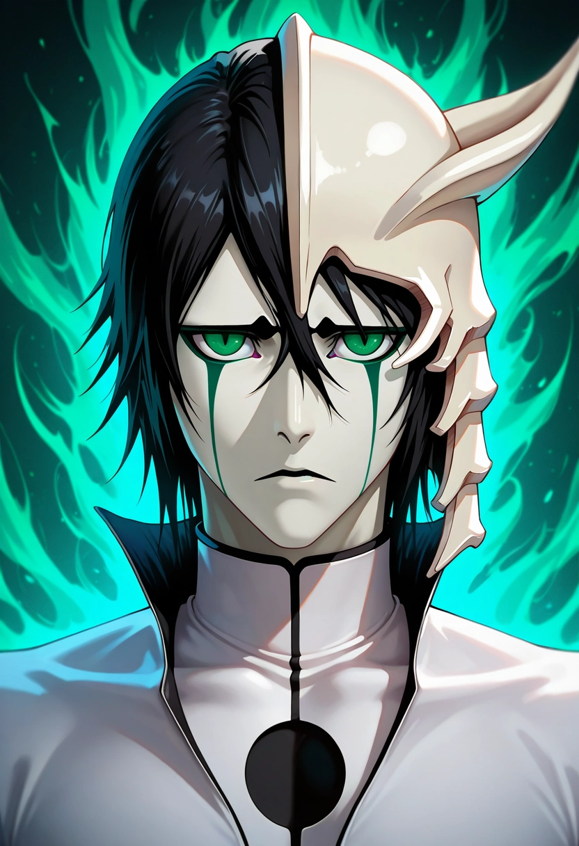 masterpiece, best quality, intricate details, (photorealistic:0.6), looking at viewer, , 1boy, solo, male focus, <lora:ulquiorra_cifer_ilxl:0.96>, ulquiorra_cifer, black hair, green eyes, facial mark, hair between eyes, arrancar, mask, short hair, ,