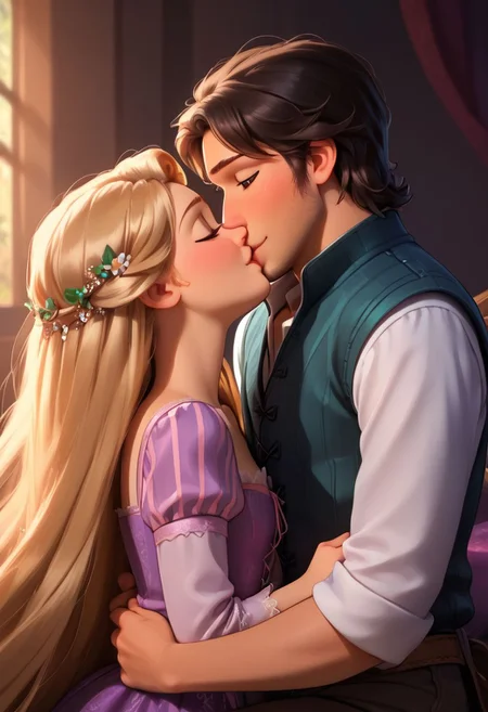 score_9,score_8_up,score_7_up, rapunzel, FlynnRider, muscular FlynnRider, rapunzel, couple, girl with green eyes, boy with brown eyes, happy, kissing