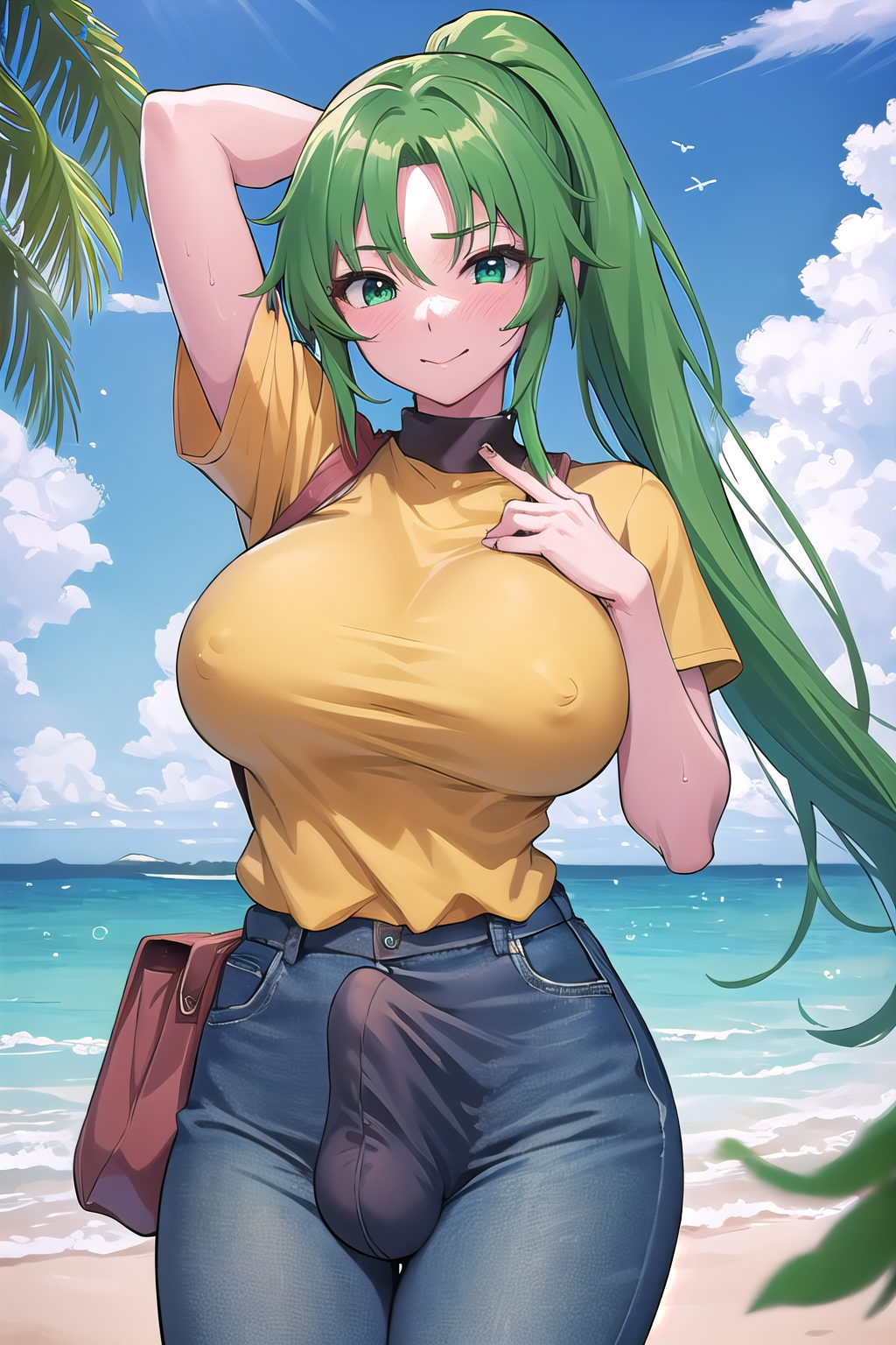 masterpiece, best quality, ultra-high-detailed, erection under clothes, 1girl,  Mion Sonozaki, green hair, green eyes, ponytail,  yellow tee, jeans