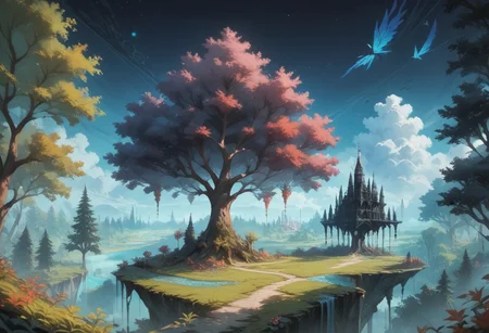 (score_9), (score_8_up), (score_7_up), (Cell Shading), (source_anime)+, (masterpiece), best quality, tree, bioluminescent trees, floating islands, fantasy aesthetic, misty atmosphere, surreal sky, style-sylvamagic, black void