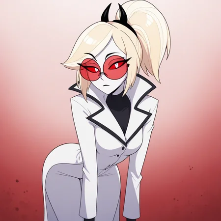 masterpiece, best quality, newest, absurdres, highres, 1girl, HHOVP-ODC.V2.0, blonde hair, white skin, red-tinted eyewear, glasses, red sclera, red-tinnted colored sclera, white eyes, high ponytail, red glasses, hairband, hairband with horns, tied hair, coat, lab coat, buttoms,