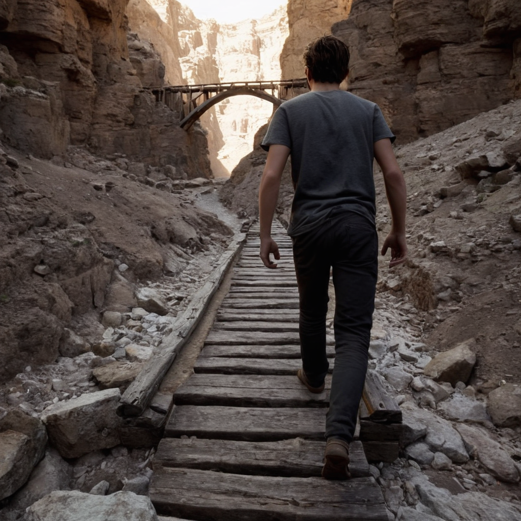 professional 3d model of  <lora:Hyperrealism style v2:1> in Hyperrealism style, 
 <lora:Unreal Engine style:0.3>
An Unreal Engine image of a person walking through a narrow canyon with a wooden bridge,solo,1boy,standing,male focus,outdoors,pants,from behind,black pants,scenery,ruins,wide shot,rubble , realistic, realism, photorealism, hyperrealism, hyperrealistic, realistic, sharp, detailed, cinematography style, film light style, movie still,  professional photography, artistic, perfection, contrast, cinematic, filmic, high quality photo,  8k quality, colorful, photography style, 3D computer graphics, Blender, 3ds Max, Maya, Cinema 4D, ZBrush, AutoCAD, LightWave 3D, Adobe Dimension, virtual reality, 3d, different people, different characters, different models, detailed eyes, detailed nose, detailed ears, detailed environment, detailed body, detailed face, detailed nipples, detailed breasts, detailed feet, detailed hands, perfect, perfection, epic, awesome, Interactive, Cybernetics, different lighting, light, Video games, Film and television, Unreal, real-time 3D,  Epic Games style, Unreal Engine style, octane render, highly detailed, volumetric, dramatic lighting