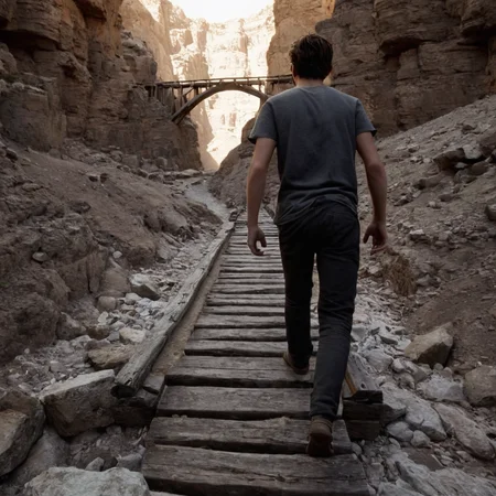 professional 3d model of <lora:Hyperrealism style v2:1> in Hyperrealism style,
<lora:Unreal Engine style:0.3>
An Unreal Engine image of a person walking through a narrow canyon with a wooden bridge,solo,1boy,standing,male focus,outdoors,pants,from behind,black pants,scenery,ruins,wide shot,rubble , realistic, realism, photorealism, hyperrealism, hyperrealistic, realistic, sharp, detailed, cinematography style, film light style, movie still, professional photography, artistic, perfection, contrast, cinematic, filmic, high quality photo, 8k quality, colorful, photography style, 3D computer graphics, Blender, 3ds Max, Maya, Cinema 4D, ZBrush, AutoCAD, LightWave 3D, Adobe Dimension, virtual reality, 3d, different people, different characters, different models, detailed eyes, detailed nose, detailed ears, detailed environment, detailed body, detailed face, detailed nipples, detailed breasts, detailed feet, detailed hands, perfect, perfection, epic, awesome, Interactive, Cybernetics, different lighting, light, Video games, Film and television, Unreal, real-time 3D, Epic Games style, Unreal Engine style, octane render, highly detailed, volumetric, dramatic lighting