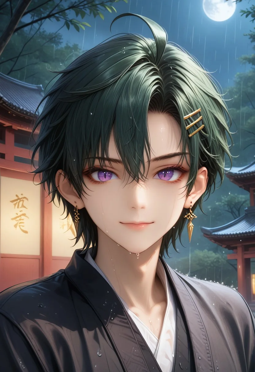 (Masterpiece:1.4), (best quality:1.2), (perfect anatomy), (extreme eye detail) (perfect eyes), (perfect hands), (perfect face),1boy, solo, antherima, solo,((slit_pupils)),dark green hair, hair between eyes, asymmetrical hair parting on left, hair clip on left side, ahoge, medium length bangs, anime reference, purple Eyes, light_red_eyeshadow, ((1_earstud_left_side)), beaded bracelet, backlit character, looking at viewer, smiling, closed mouth, thin waist, wet, black clothing, wet clothing, BREAK,
shrine, japanese shrine, bamboo trees, night, nighttime,raining, heavy rain, low light, dark,extreme detail, detailed scenery, detailed background,