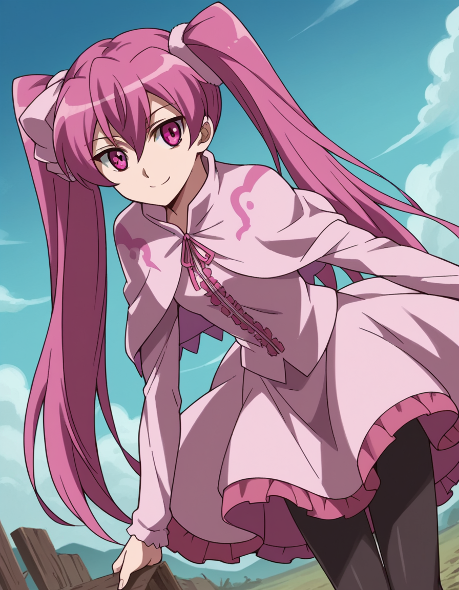 score_9, score_8_up, score_7_up, source_anime,
agkmine, <lora:agk-mine-s1-ponyxl-lora-nochekaiser:1>,
mine, long hair, twintails, pink hair, pink eyes,
dress, pantyhose, pink dress, capelet, pink capelet, pink skirt, skirt, long sleeves,
wasteland, bent over, smile,
cowboy shot, solo, dutch angle, looking at viewer,