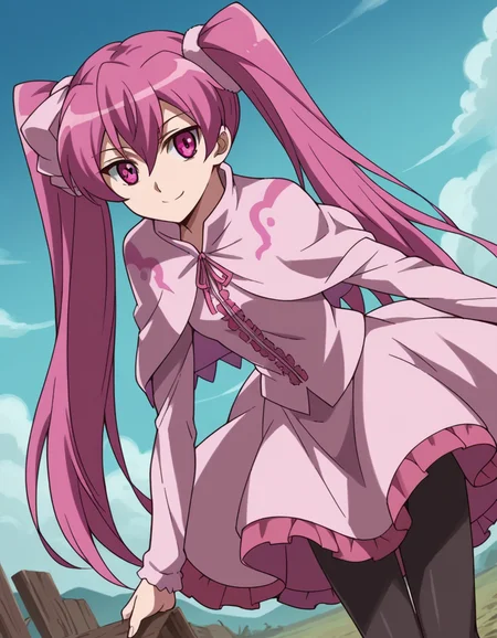 score_9, score_8_up, score_7_up, source_anime,
agkmine, <lora:agk-mine-s1-ponyxl-lora-nochekaiser:1>,
mine, long hair, twintails, pink hair, pink eyes,
dress, pantyhose, pink dress, capelet, pink capelet, pink skirt, skirt, long sleeves,
wasteland, bent over, smile,
cowboy shot, solo, dutch angle, looking at viewer,