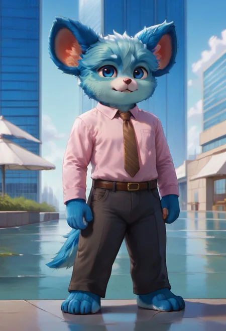 (((Barefoot furry character, full body, cinematic setting, furry male, plantigrade))) 
(((nubs_pooba))) dressed as (((businessman))), standing before (((modern glass and steel office building))), (((wearing pink shirt with brown necktie and long black pants))), stern, strict, ((arrogant))), blue fur, blue eyes, round ears, two little fangs, holds paper plates. semi-realistic animation
BREAK, intricate details, highly detailed, extreme detail, octane render, fine art, best quality, highres, (detailed face:1.5), ((full_body)), UHD, (((perfect hands))), ((low light:1.5))