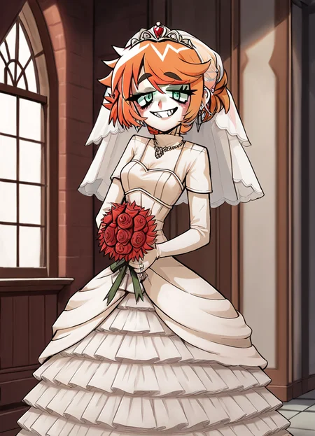 score_7_up, score_8_up, score_9, afs_alisa, alisa_def_afs_outfit, 1girl, bride, bridal dress, smile, raised eyebrows, solo, bridal veil, holding a bouquet of red roses, wedding ring, looking at viewer, grin, perfect hands, indoors