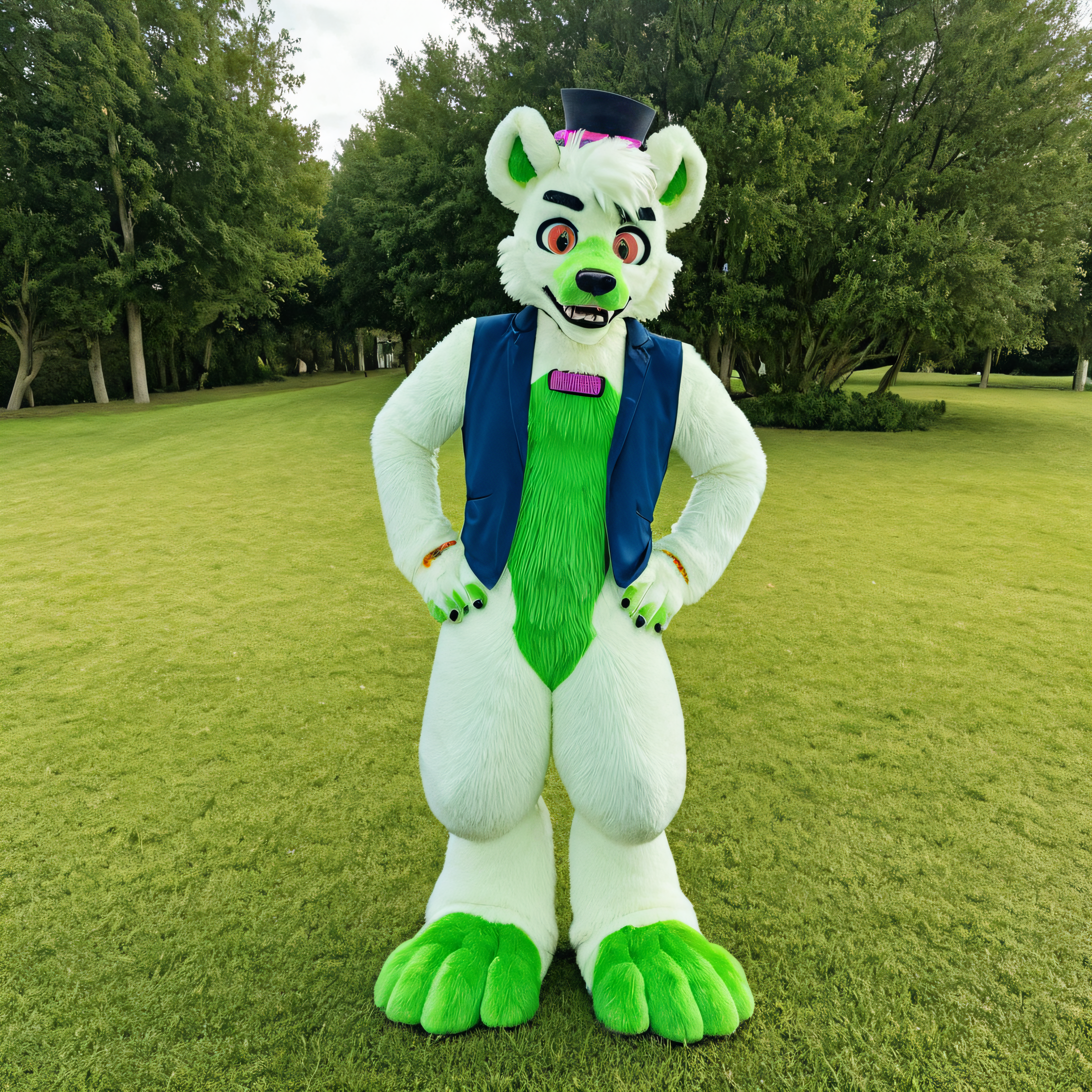 <lora:saucebear_Illustrious-10v1_1:1.2> <lora:saucebear_Illustrious-10:0.6>  <lora:kemono_fursuit_style_Illustrious:1.2>>  2024, very aesthetic, newest, best quality, masterpiece), cute, saucebear, mikus-style, furry, orange eyes, black pupils, green chest, mini black hat, green feet, bear, 1boy, (adult male), character, wearing blue vest, gray neck, metallic neck, ((visible pelvis)),  kind smile, ((kind)),  open mouth:0.3,  white teeth, outdoors, in park, green grass, daytime, sharp image, ## detailed face, (detailed face), detailed ears, detailed clothing, detailed body, (detailed body), detailed hair, detailed background, ## (broad snout:1.1), handsome face:1.5, no humans ## (fursuit, furry costume,, fursuit, cosplay, animal suit), ,