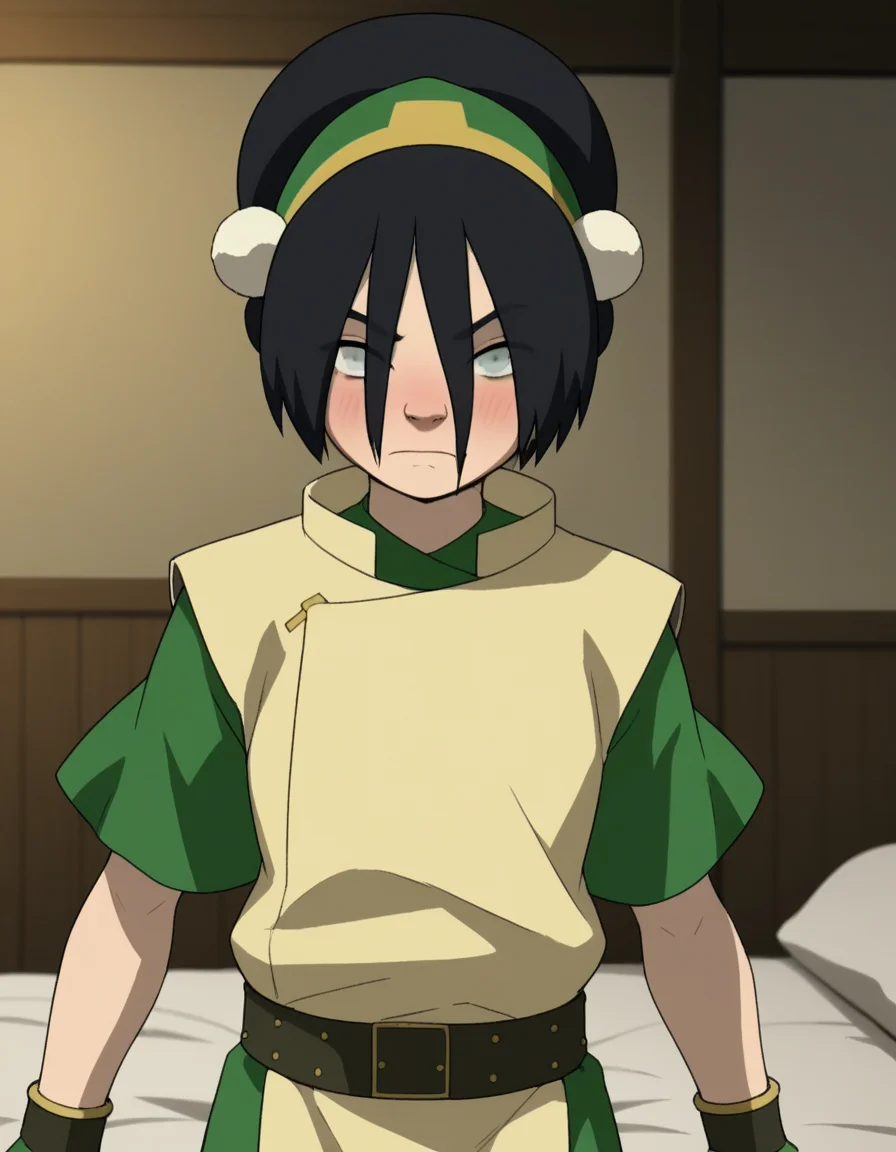 score_9, score_8_up, score_7_up, source_anime, <lora:toph-beifong-book2-ponyxl-lora-nochekaiser:1>, toph beifong, black hair, hairband, blind, grey eyes, hair between eyes, short hair,, shirt, green shirt, vest, belt, short sleeves,, indoors, bed, bed room, on side, blush, drunk, looking at viewer, solo, cowboy shot, dutch angle