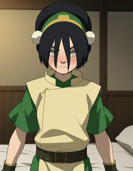 score_9, score_8_up, score_7_up, source_anime, <lora:toph-beifong-book2-ponyxl-lora-nochekaiser:1>, toph beifong, black hair, hairband, blind, grey eyes, hair between eyes, short hair,, shirt, green shirt, vest, belt, short sleeves,, indoors, bed, bed room, on side, blush, drunk, looking at viewer, solo, cowboy shot, dutch angle