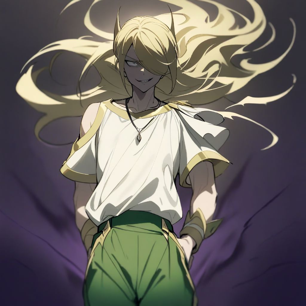 solo, 1boy, male focus, blonde hair, grey eyes, hair over one eye, long hair, masterpiece, best quality, absurdres, very aesthetic, VoloSinnoh, floating hair, white shirt, wrist cuffs, green pants, shoulder cutout, necklace, hands behind back, evil grin