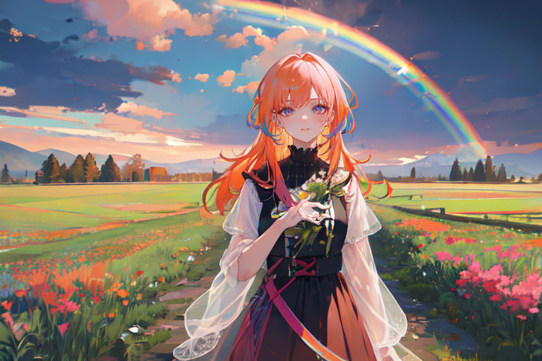 (otherworldly), highly insanely detailed, masterpiece, top quality, best quality, highres, 4k, 8k, RAW photo, (very aesthetic, beautiful and aesthetic), farm, fields, barn, fence, fantfa, <lora:FantasyFarm-10:0.3>, 
1girl, 
(pastel orange hair ,rainbow hair,Iridescence hair), 
(pure pink background,transparent background),âââ