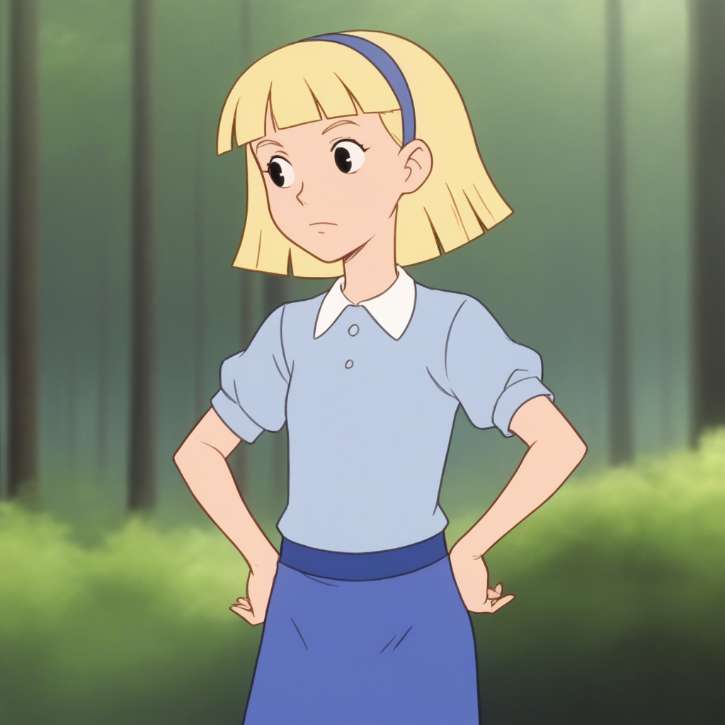 score_7_up, BREAK,   Annika, 1girl, solo, short hair, blonde hair, black eyes,  hairband, shirt,    blue skirt,   <lora:AnnikaSettergren_PXL_Leaf1:0.8>, cowboy shot, hands on own hips, forest, blurry background,