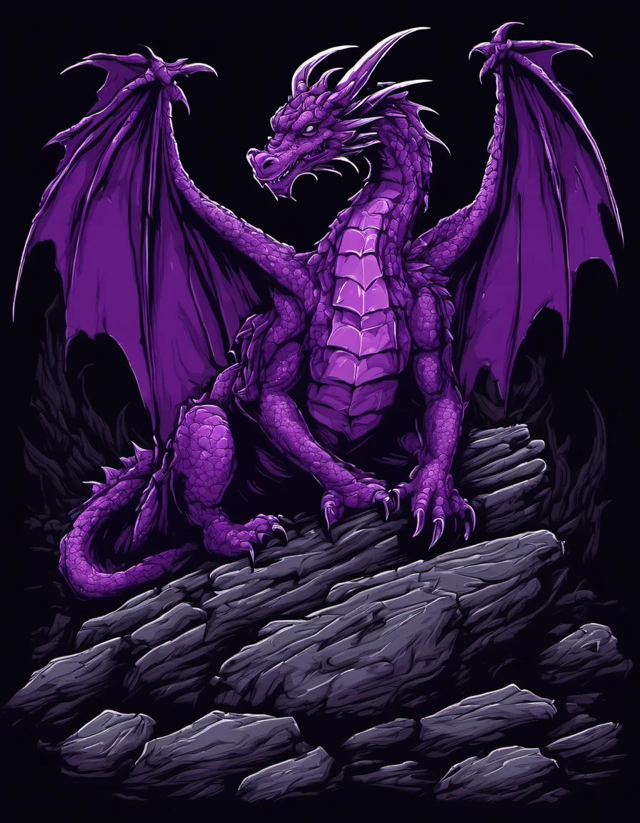 metal_tee, a purple dragon with a long neck and wings, sitting on a pile of rocks. The dragon is surrounded by a dark background, creating a moody atmosphere., vector digital illustration, (black background:1.5) <lora:metal_tee_sdxl:1>