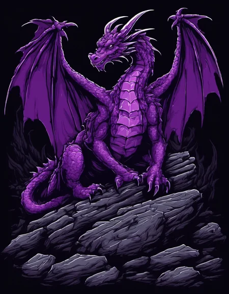 metal_tee, a purple dragon with a long neck and wings, sitting on a pile of rocks. The dragon is surrounded by a dark background, creating a moody atmosphere., vector digital illustration, (black background:1.5) <lora:metal_tee_sdxl:1>
