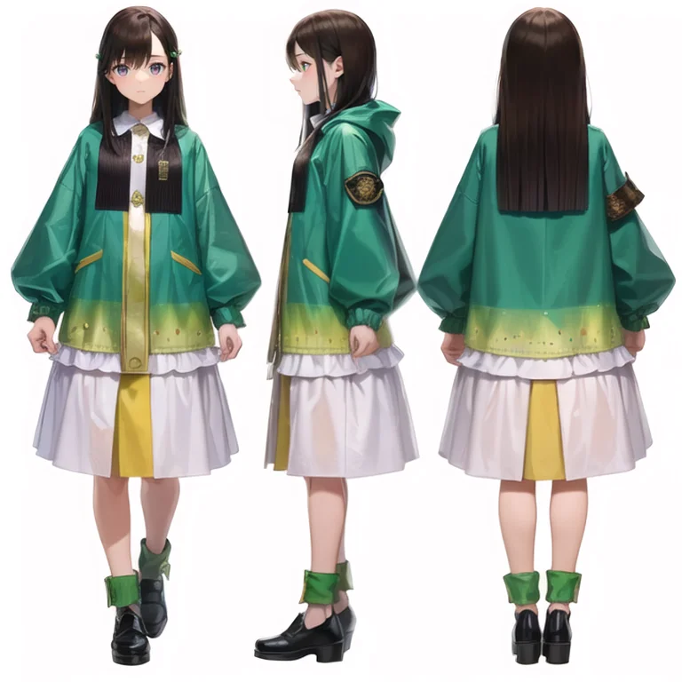 ((masterpiece, best quality)), original, absurdres, ((sfw)), <lora:NeverStyleV2A:0.5:NONE>, <lora:RoxanneStyle:0.5:NINALL>,
creative, interesting, detailed, intricate, colorful,
((chara-sheet, multiple views, full body, front, back)), <lora:Turnaround:1:INALL>,
((1girl, solo, age 50, she is 50 years old)), ((a magistrate, tanned skin)),
((eyes, _)),
((hair, absurdly long hair)),
((clothes, raincoat, shawl, strap, doublet)),
((simple background, white background)),
((colors, green)),