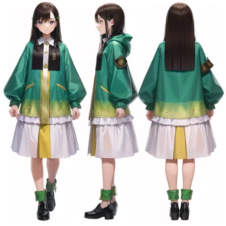 ((masterpiece, best quality)), original, absurdres, ((sfw)), <lora:NeverStyleV2A:0.5:NONE>, <lora:RoxanneStyle:0.5:NINALL>,
creative, interesting, detailed, intricate, colorful,
((chara-sheet, multiple views, full body, front, back)), <lora:Turnaround:1:INALL>,
((1girl, solo, age 50, she is 50 years old)), ((a magistrate, tanned skin)),
((eyes, _)),
((hair, absurdly long hair)),
((clothes, raincoat, shawl, strap, doublet)),
((simple background, white background)),
((colors, green)),