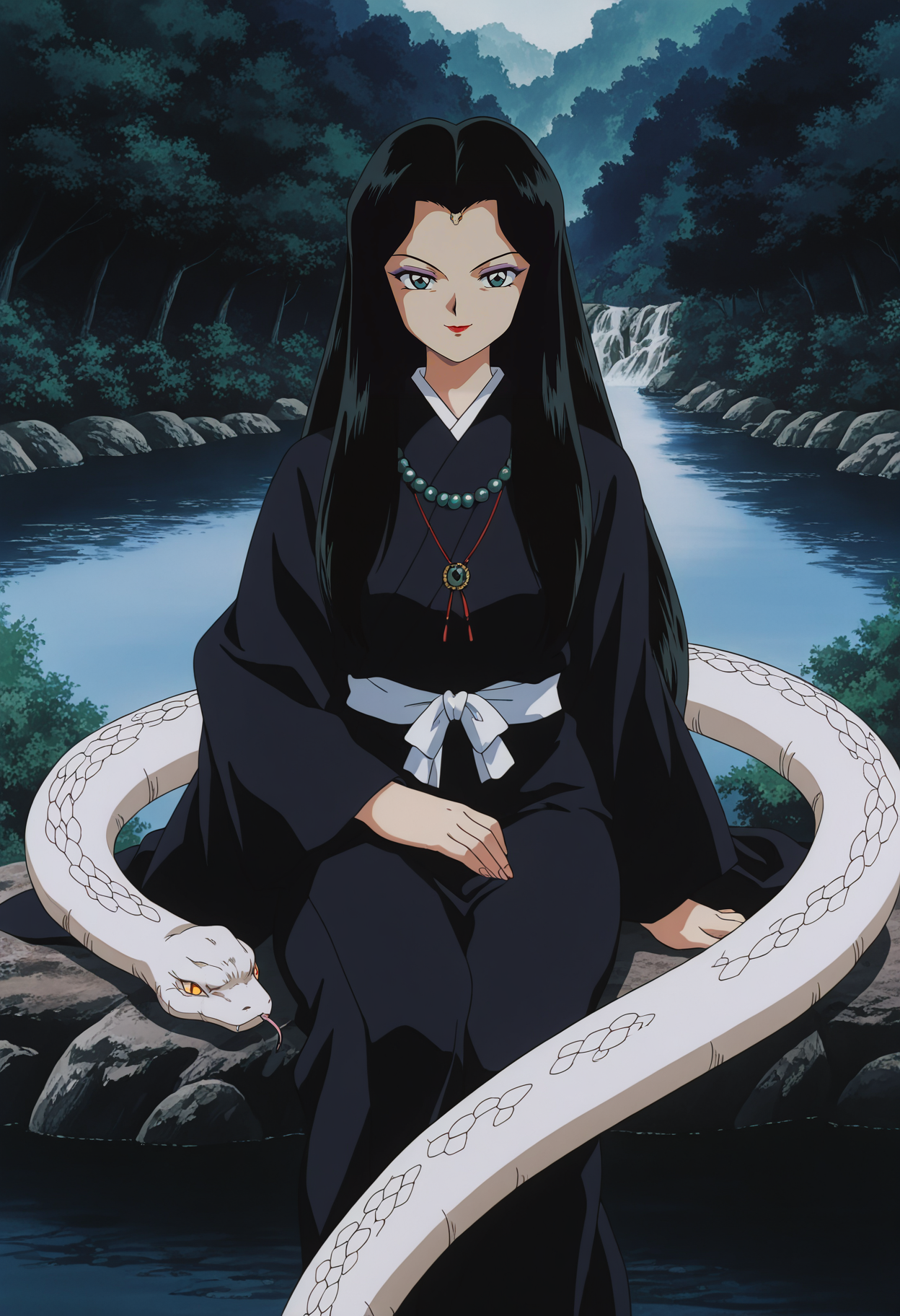 1girl,solo,mm,mature female,long hair, black hair,makeup,lipstick,anime coloring,retro artstyle,
japanese clothes,necklace,beads,black kimono,long sleeves,sitting, looking at viewer, smile,nature, river,snake
,masterpiece,best quality,amazing quality,<lora:Tsubaki-InuYasha:0.85>