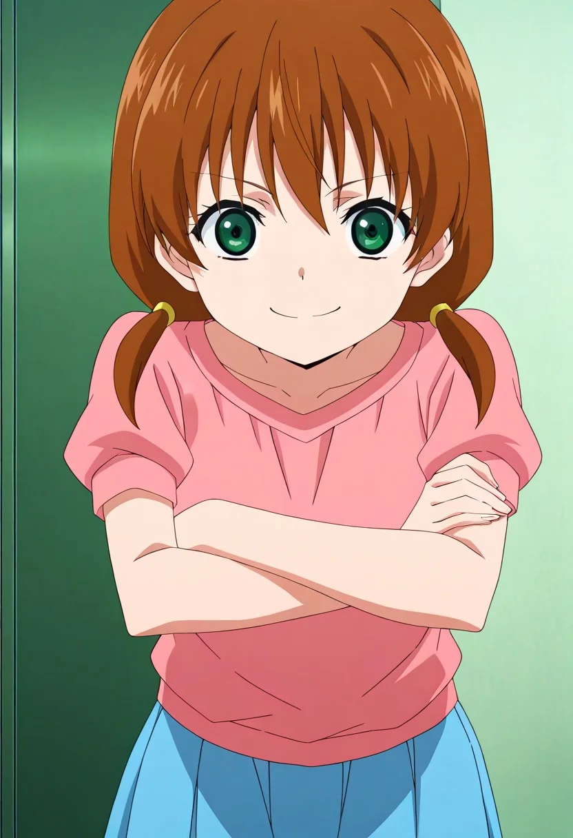 stand up, cowboy shot, front view, looking at viewer, score_9,score_8_up,score_7_up, anime screencap, anime coloring, ultra detailed anime, detailed anime, screencap, source anime, masterpiece, detailed anime, 1girl, solo, green eyes, brown hair, skirt, twintails, blue skirt, pink shirt, short sleeves, short twintails, closed mouth, short hair, arm up, low twintails. arms crossed, bent over, smile