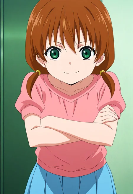 stand up, cowboy shot, front view, looking at viewer, score_9,score_8_up,score_7_up, anime screencap, anime coloring, ultra detailed anime, detailed anime, screencap, source anime, masterpiece, detailed anime, 1girl, solo, green eyes, brown hair, skirt, twintails, blue skirt, pink shirt, short sleeves, short twintails, closed mouth, short hair, arm up, low twintails. arms crossed, bent over, smile
