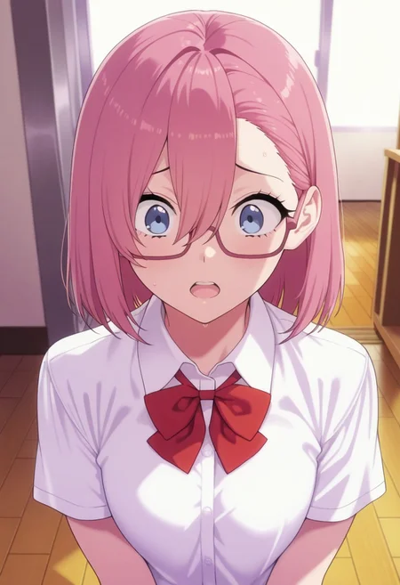 masterpiece,best quality,amazing quality, amano ririsa, short hair, pink hair, blue eyes, 1girl, glasses, solo, shirt, white shirt, red bow, bow, indoors, school uniform, open mouth, hair between eyes, bowtie, wooden floor, short sleeves, collared shirt, upper body