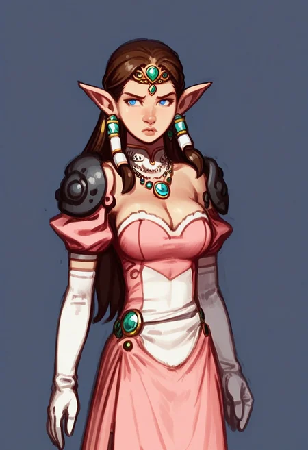AndroidArtsStyle,
1girl, solo, sidelocks, tiara, lips, pout, earrings, jewelry, breasts, cleavage, pauldrons, cowboy shot, brown hair, long hair, blue eyes, hair tubes, pointy ears, large breasts, armor, elbow gloves, gloves, necklace, shoulder armor, dress, gem, pink dress, detached sleeves, forehead jewel, long dress, white dress