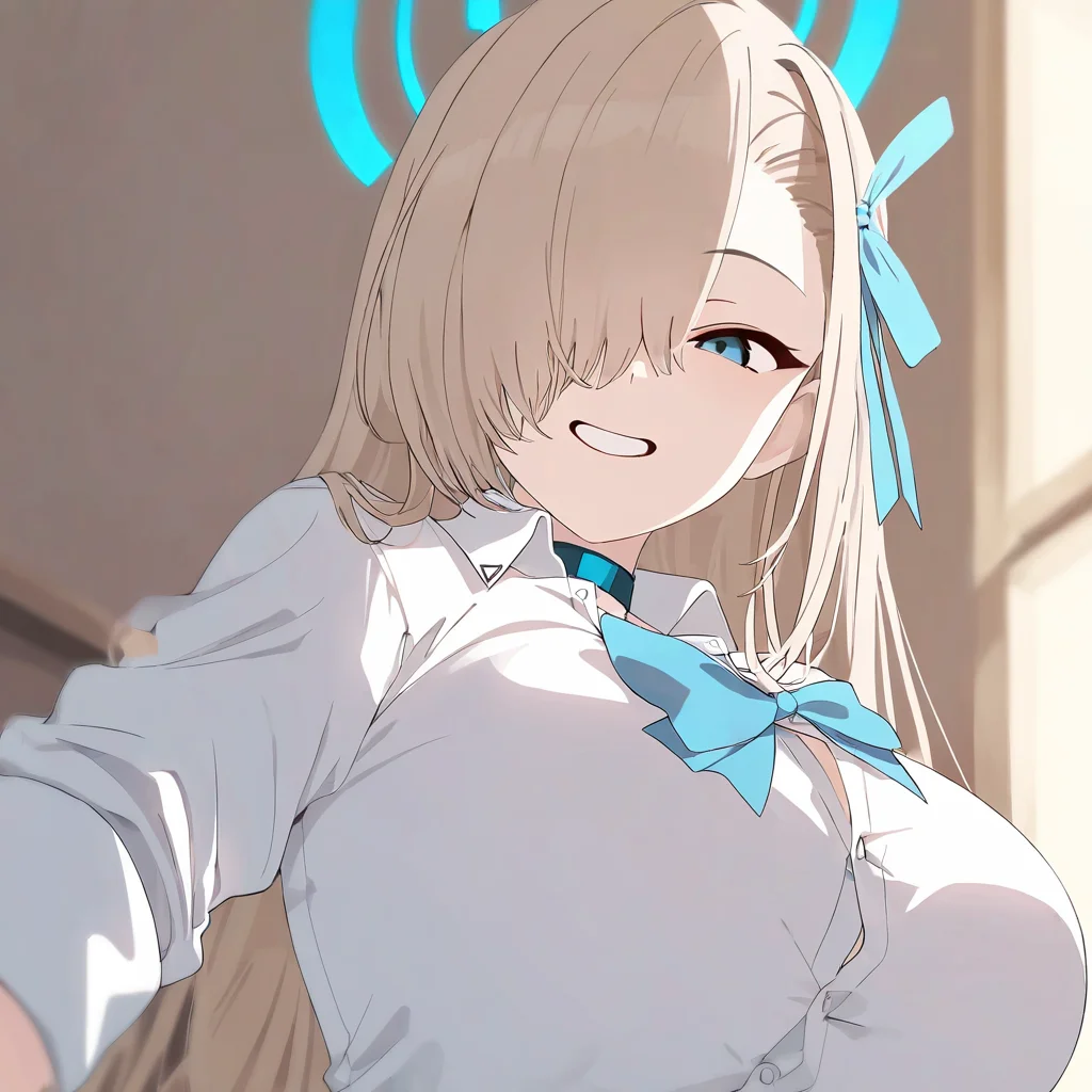 1girl,asuna \(blue archive\),huge breasts,masterpiece, best quality, very aesthetic, absurdres,,simple background, solo, virtual youtuber, looking at viewer,upper body, <lora:blue still-NAI:0.8>