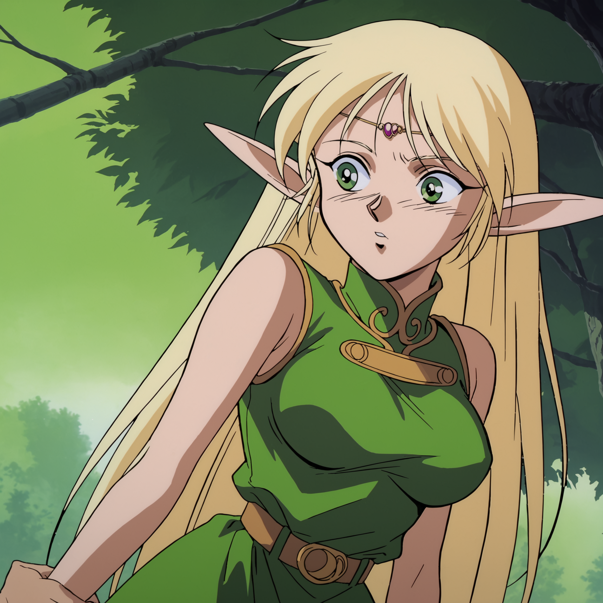 score_9, score_8_up, score_7_up, centered, source anime, retro artstyle, 1990s \(style\), deedlit, anime screencap, 1girl, elf, pointy ears, blonde hair, very long hair, green eyes, large breasts, circlet, sleeveless, green dress, short dress, belt, gold hemming, <lora:Deedlit:0.9>