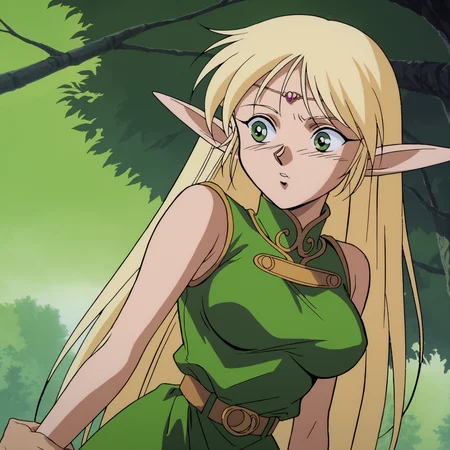 score_9, score_8_up, score_7_up, centered, source anime, retro artstyle, 1990s \(style\), deedlit, anime screencap, 1girl, elf, pointy ears, blonde hair, very long hair, green eyes, large breasts, circlet, sleeveless, green dress, short dress, belt, gold hemming, <lora:Deedlit:0.9>