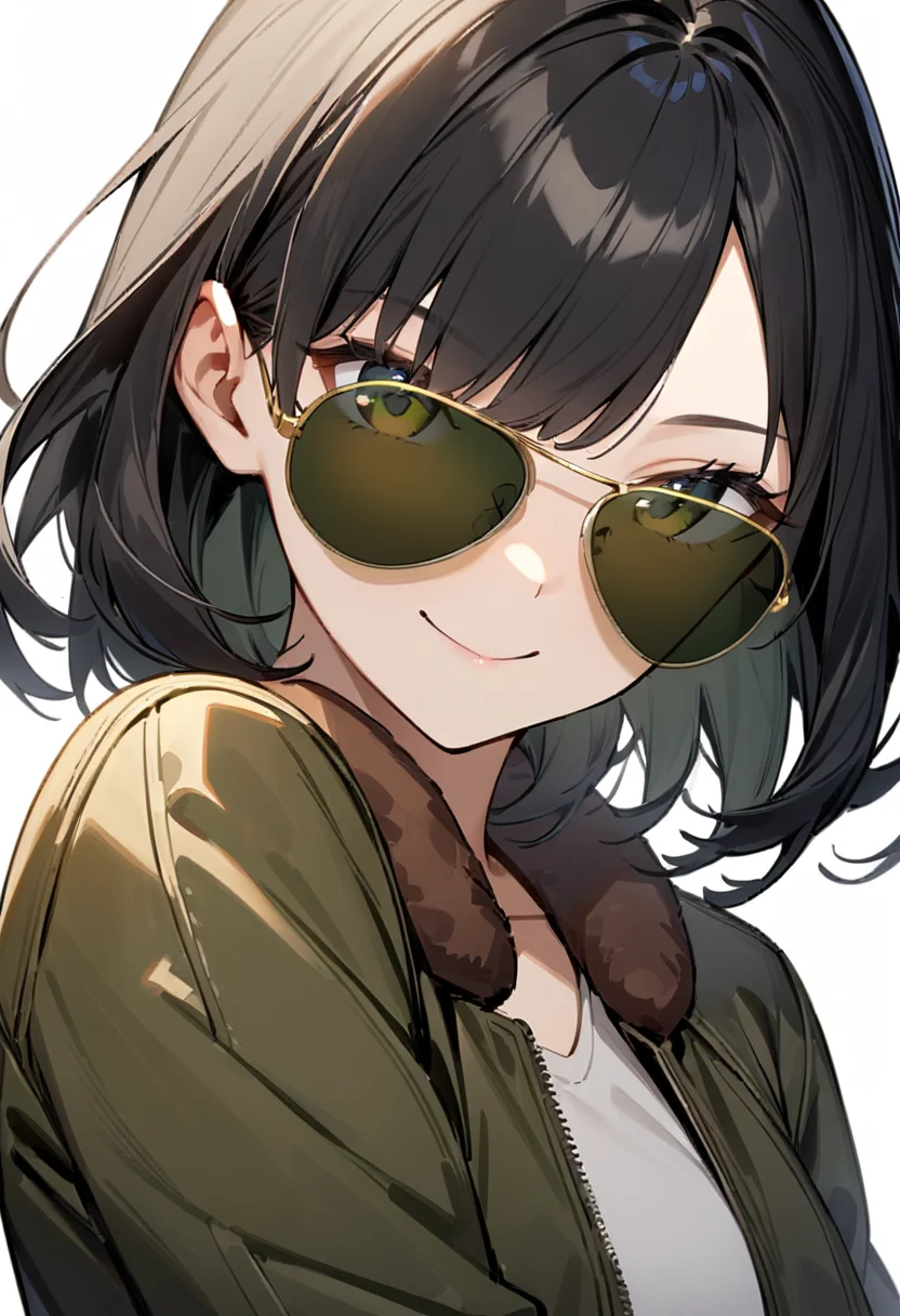 masterpiece, best quality, very aesthetic, absurdres,
1girl, solo, black hair, medium hair, smile, upper body, bomber jacket, covered eyes,
sg-AVIATOR, sunglasses, yellow-framed eyewear, darkgreen-tinted eyewear
, white background, simple background,
<lora:sunglasses_aviator_SDXL_V1:1>