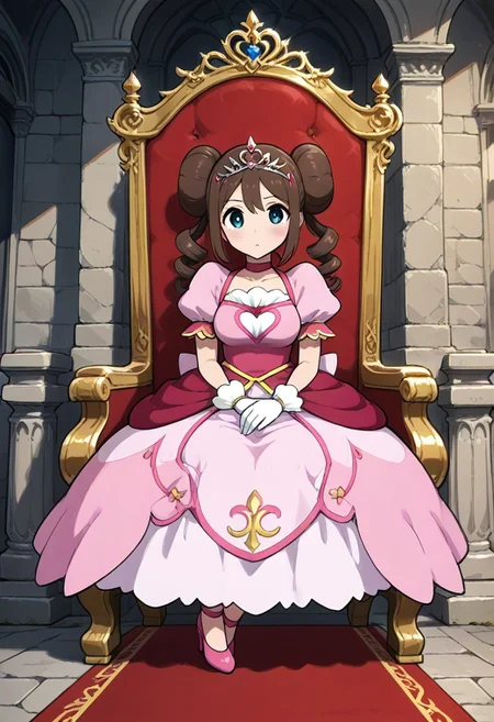 2d, masterpiece, best quality, amazing quality, 1girl, solo, sitting, on throne, castle, stone wall, red carpet, prinrosa, brown_hair, blue_eyes, double_bun, twin_drills, collarbone, pink_dress, very_long_dress, short_sleeves, white_gloves, tiara, pink_footwear, high_heels