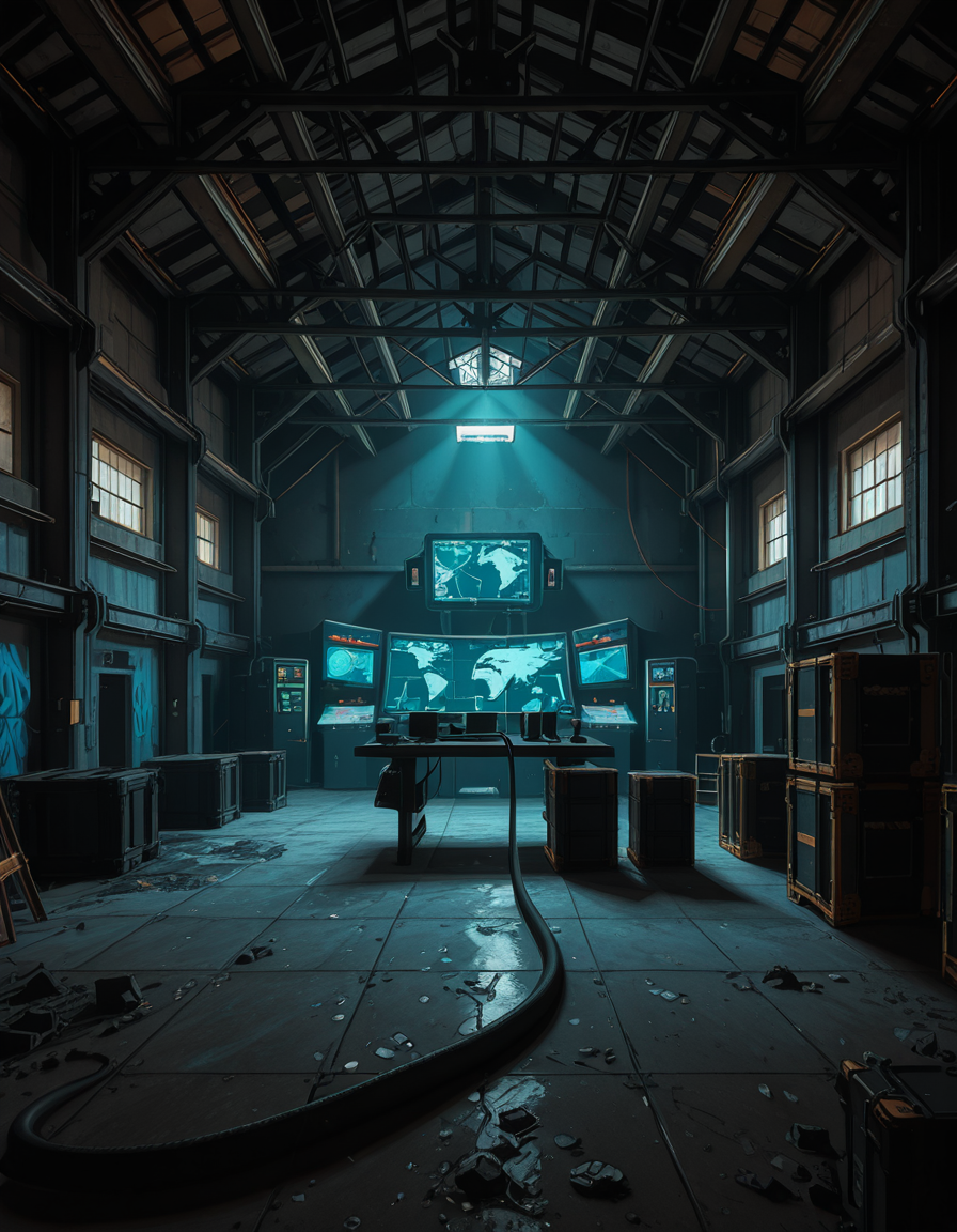 A dark, abandoned warehouse transformed into a villain's secret lair. The structure is massive and industrial, with rusted steel beams, shattered windows, and crumbling concrete walls covered in old graffiti. The floor is dusty and cracked, with scattered debris and oil stains. Dim red and blue lights glow from hidden sources, casting eerie, atmospheric shadows throughout the space. In the center, a high-tech command station glows with holographic maps, control panels, and futuristic computer screens. Advanced equipment, weapons racks, and strange scientific devices are neatly arranged on steel tables. Thick black cables snake across the floor and dangle from the ceiling. Makeshift metal dividers and reinforced crates create hidden zones for operations and storage. The setting is cinematic, mysterious, and tense, with dramatic lighting, high contrast between dark corners and glowing tech, and a realistic, moody art style â like a scene from a dystopian sci-fi thriller. No people or figures are present. 
<lora:SDXLFaeTastic2400:0.4> <lora:extremely_detailed:0.4> extremely detailed,villain secret l41r, <lora:villain_secret_l41r-i:1>, Masterpiece,best quality,hi res,8k,hi res,8k,award winning,(sharp focus, intricate, highly detailed),