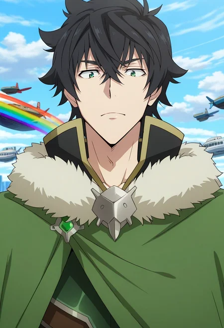 masterpiece, best quality, , anime screencap, anime coloring, official style, looking at viewer, 1boy, solo, male focus, <lora:naofumi_iwatani_ilxl:0.98>, naofumi_iwatani, black hair, green eyes, short hair, hair between eyes, bangs, green cape, fur trim, cloud city, floating platforms, rainbow bridges, airships, looking down, vertigo angle, excited expression,