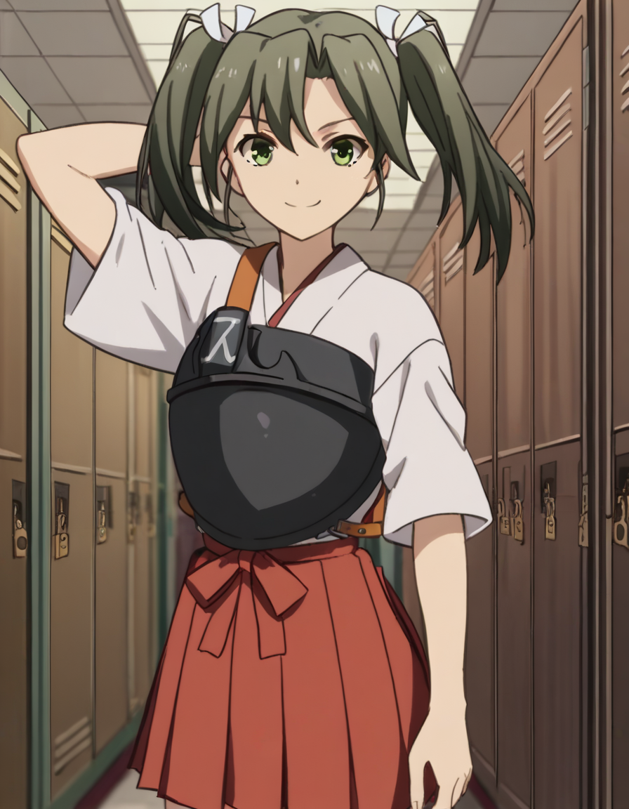 score_9, score_8_up, score_7_up, source_anime, <lora:kacolle-zuikaku-s1-ponyxl-lora-nochekaiser:1>, zuikaku, long hair, ribbon, twintails, green eyes, hair ribbon, zuikaku (kancolle), skirt, japanese clothes, muneate, red skirt, pleated skirt,, school hallway, lockers, between classes, everyday life, smile, looking at viewer, hand behind head, smile,, solo,, cowboy shot, dutch angle