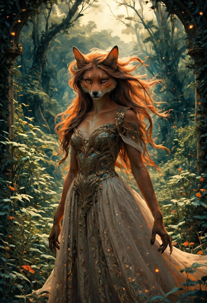 score_9, score_8_up, score_7_up,  fantasy anthro furry fox,  ethereal, vivid colours, lush, dreamlike, detailed and vibrant, full scene composition, good anatomy, beautiful eyes, mystical, elegant, beautiful, high res, alienworld, flowing ethereal hair, Ethereal Brushstroke