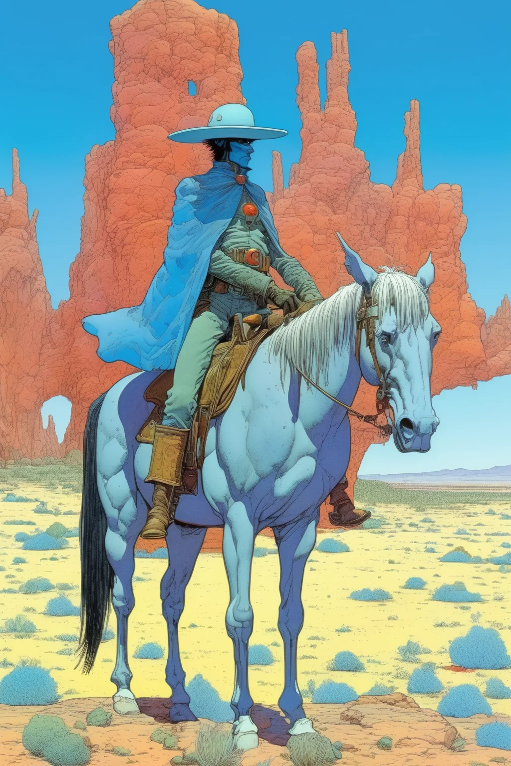 <lora:Moebius (Jean Giraud) Style:1>Moebius (Jean Giraud) Style - Lieutenant Bluberry, standing on his beautiful horse, arizona landscape, Jean Giraud Moebius cartoonist style