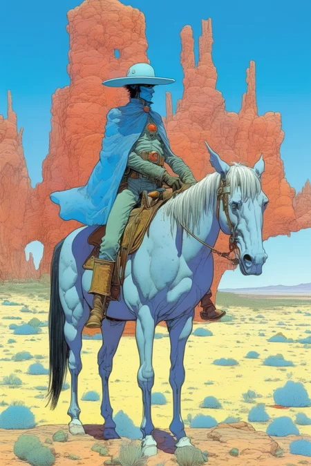 <lora:Moebius (Jean Giraud) Style:1>Moebius (Jean Giraud) Style - Lieutenant Bluberry, standing on his beautiful horse, arizona landscape, Jean Giraud Moebius cartoonist style