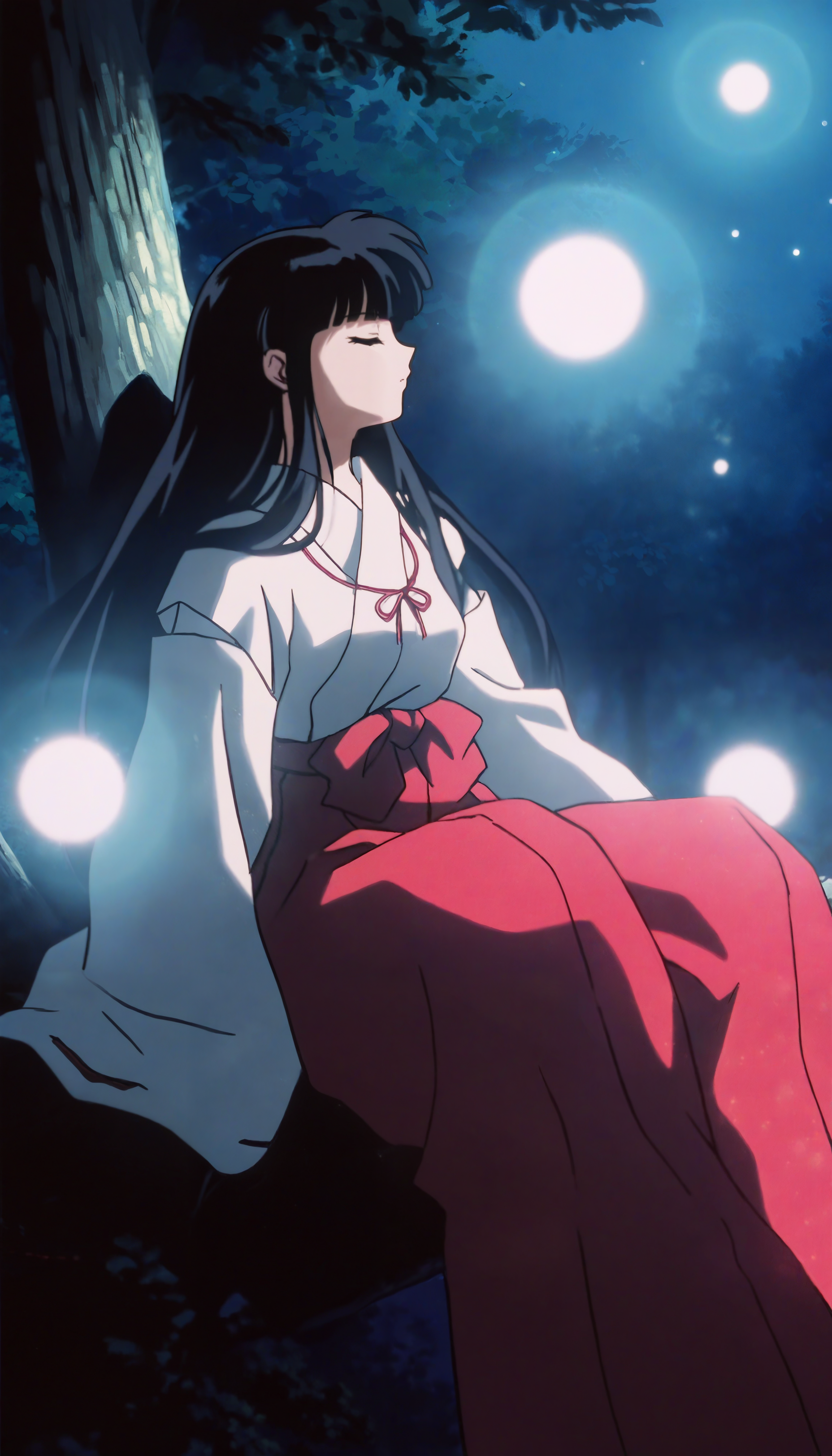 masterpiece,best quality,amazing quality,
<lora:kikyoNAI:1>,k1ky0,
1girl,solo,black hair,long hair,bangs,miko outfit,red ribbon necklace,red hakama,upper body,facing aside,lying on branch,soft lighting,outdoors,night,forest,light balls,soft lighting,light particles,