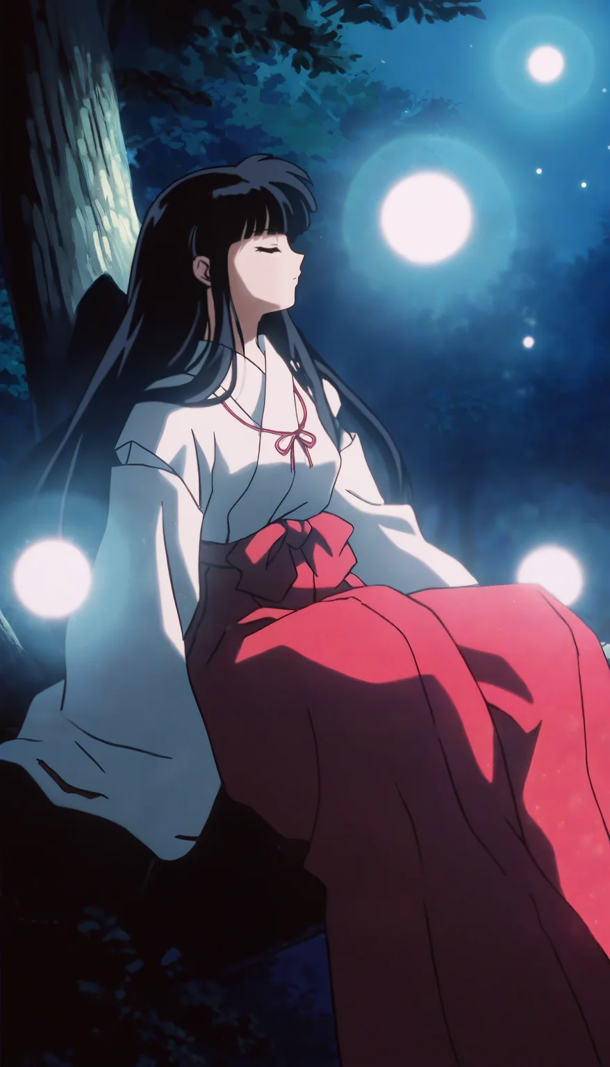 masterpiece,best quality,amazing quality,
<lora:kikyoNAI:1>,k1ky0,
1girl,solo,black hair,long hair,bangs,miko outfit,red ribbon necklace,red hakama,upper body,facing aside,lying on branch,soft lighting,outdoors,night,forest,light balls,soft lighting,light particles,