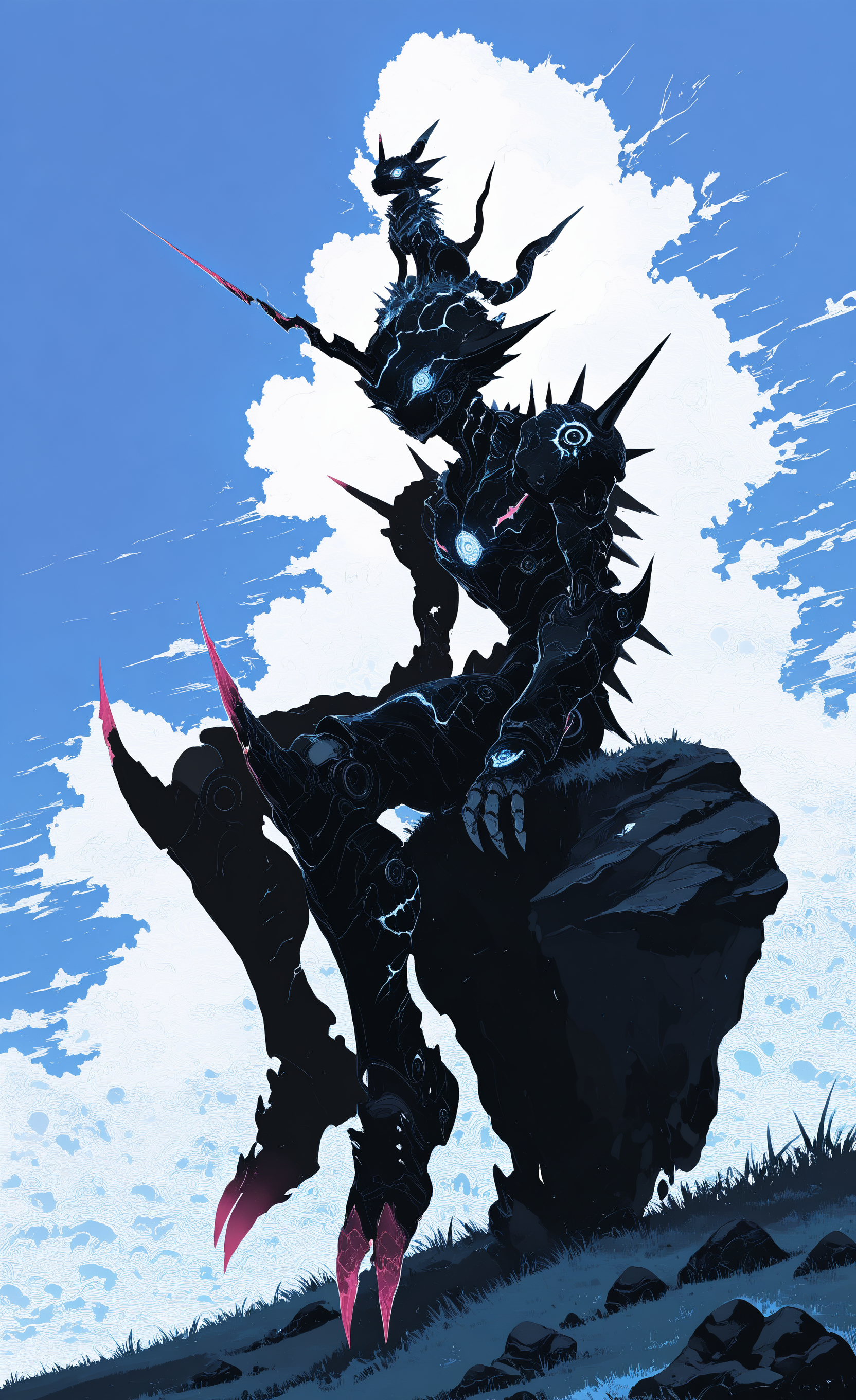 masterpiece, best quality, amazing quality, highres,  sitting, outdoors, horns, sky, day, cloud, blue sky, no humans, grass, cloudy sky, robot, mecha, spikes, single horn, rock, on head, animal on head, damaged, digimon \(creature\), limited palette, sketch, glowing, psychedelic, <lora:illustriousXL_stabilizer_v1.23:0.3> <lora:NOOB_vp1_detailer_by_volnovik_v1:0.3> <lora:ponyv6_noobE11_2_adamW-000017:0.3> <lora:XXX667:0.5> <lora:mon_monmon2133:0.6> <lora:114558v4df2fsdf5:0.7>
