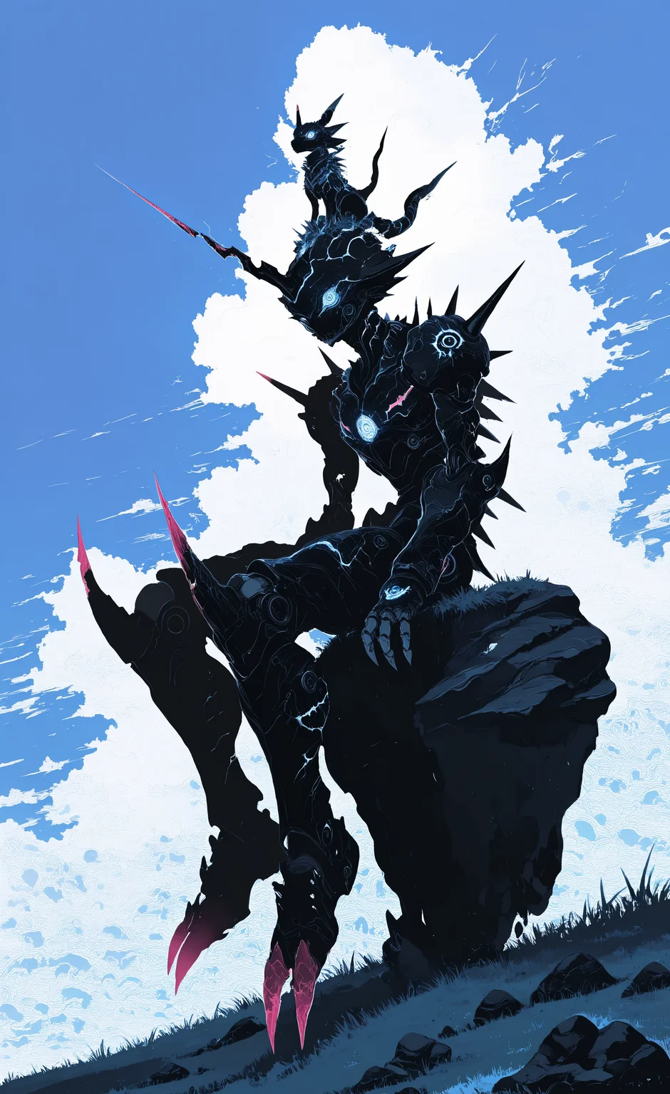 masterpiece, best quality, amazing quality, highres, sitting, outdoors, horns, sky, day, cloud, blue sky, no humans, grass, cloudy sky, robot, mecha, spikes, single horn, rock, on head, animal on head, damaged, digimon \(creature\), limited palette, sketch, glowing, psychedelic, <lora:illustriousXL_stabilizer_v1.23:0.3> <lora:NOOB_vp1_detailer_by_volnovik_v1:0.3> <lora:ponyv6_noobE11_2_adamW-000017:0.3> <lora:XXX667:0.5> <lora:mon_monmon2133:0.6> <lora:114558v4df2fsdf5:0.7>