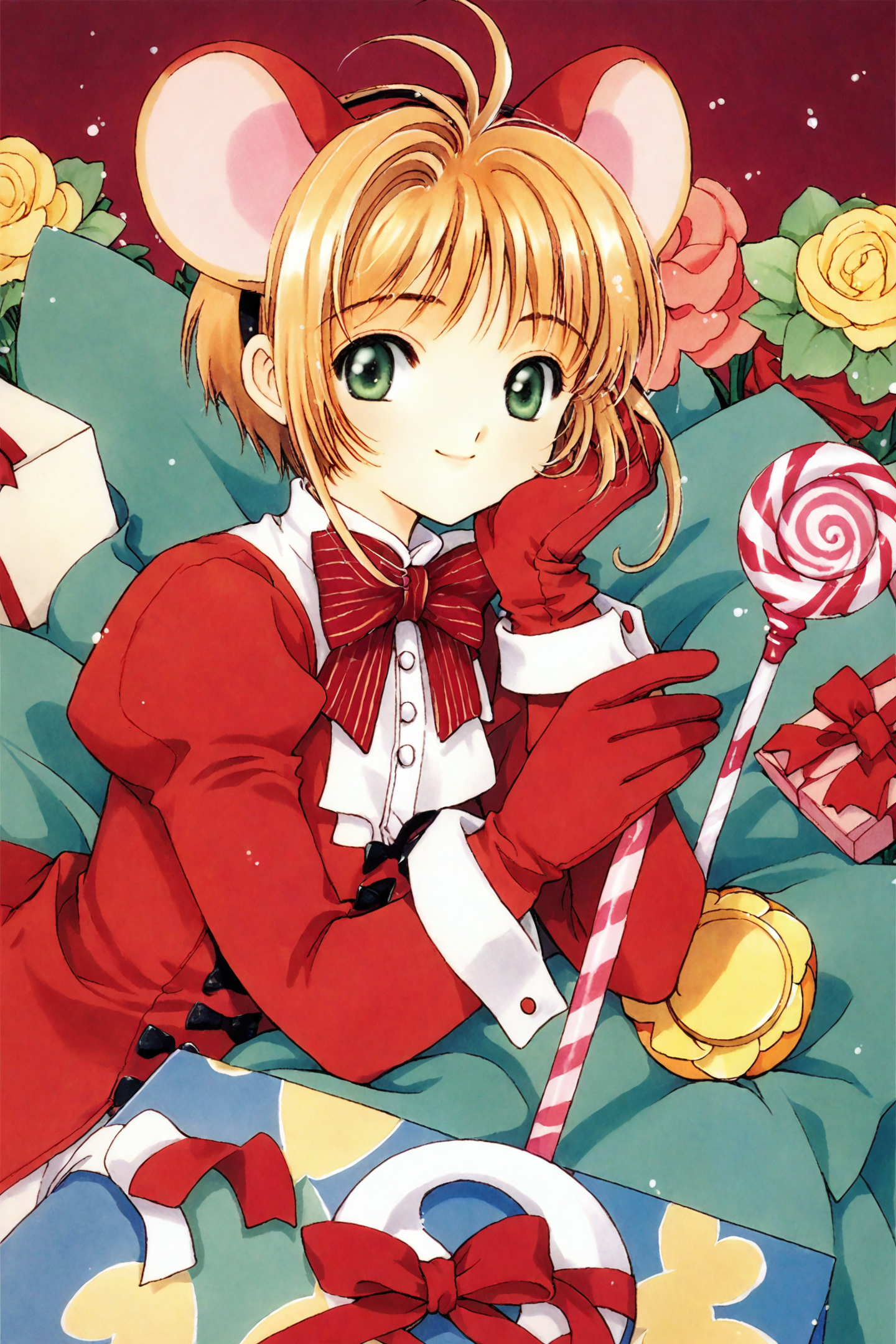 score_9,score_8_up,score_7_up,masterpiece,best quality,
Card Captor Sakura,
1girl,kinomoto sakura,solo,candy,bow,red gloves,green eyes,food,animal ears,striped bow,gloves,smile,mouse ears,short hair,1990s (style),striped,antenna hair,retro artstyle,dress,looking at viewer,candy cane,long sleeves,fake animal ears,bangs,head rest,closed mouth,red dress,bowtie,gift,ribbon,box,swirl lollipop,lollipop,brown hair,blonde hair,red bow,flower,gift box,traditional media,
<lora:CLAMP_XL_PONY:0.8>,